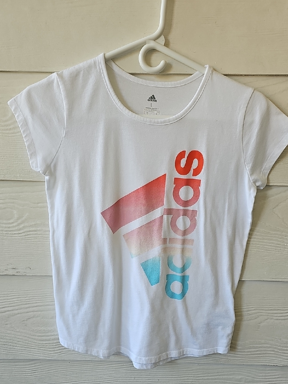 adidas White Tee with Red-to-Blue Gradient Logo